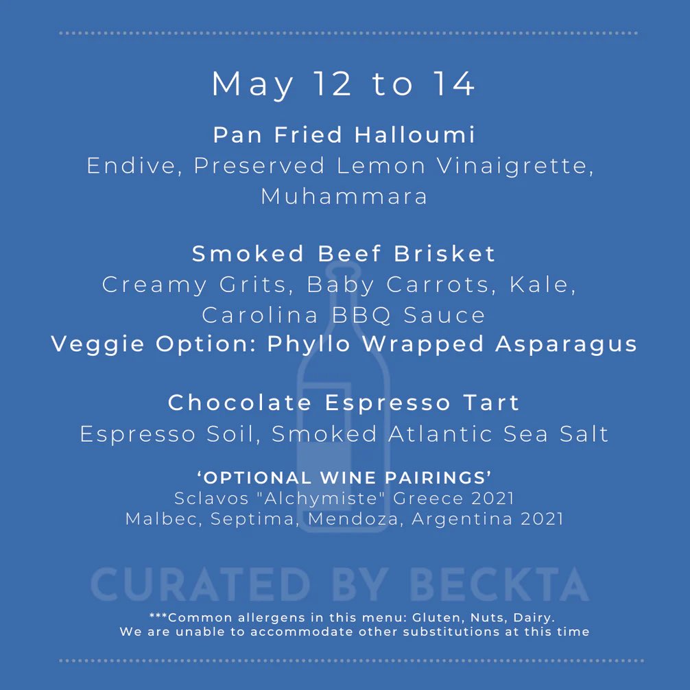 This week’s featured menu is sure to bring a smile to Mom’s face!

🌷 2-course meal starts at $42
🌷 3-course meal starts at $50
🌷 Dinner for 2 Food &amp; Wine Pkg is $160+HST

Available Friday-Sunday this week for pickup or delivery. Quantities are limited so preorder today!
