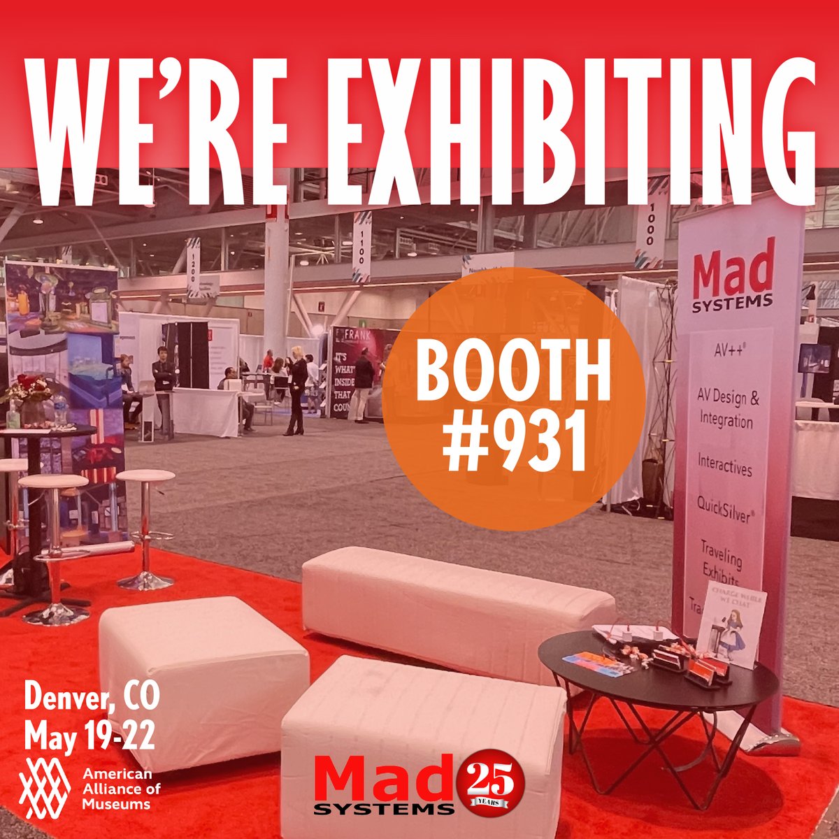 #AAM2023 is a week away! Will we see you there? 

Our team will be exhibiting at booth #931! Chat with us about our patented exhibit technology and discuss with our team how Mad Systems solutions can work for your exhibit space!

#avtweeps #musesocial #musetech