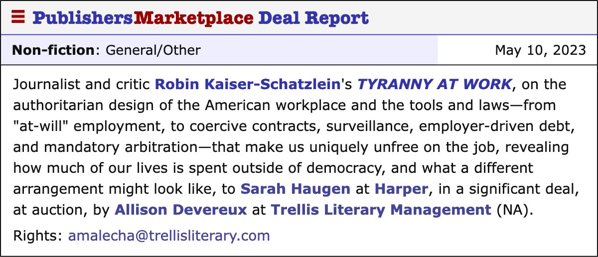 robinsreport's tweet image. Hey look I got a new temp job @harperbooks writing a book about how American democracy died in the workplace!