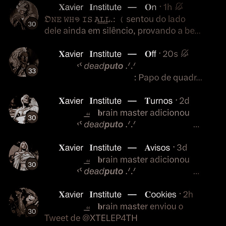 ᅟ
ᅟᅟᅟ𝐗𝖺𝗏𝗂𝖾𝗋ᅟ𝐈𝗇𝗌𝗍𝗂𝗍𝗎𝗍𝖾ᅟ—ᅟ𝐒𝗊𝗎𝖺𝖽

Estamos   procurando   pessoas   interessadas    em   interpretar   esses   personagens   para   o   nosso   squad   de   mutantes!   caso     tenha   interesse   minha   dm   está   aberta.  
ᅟ