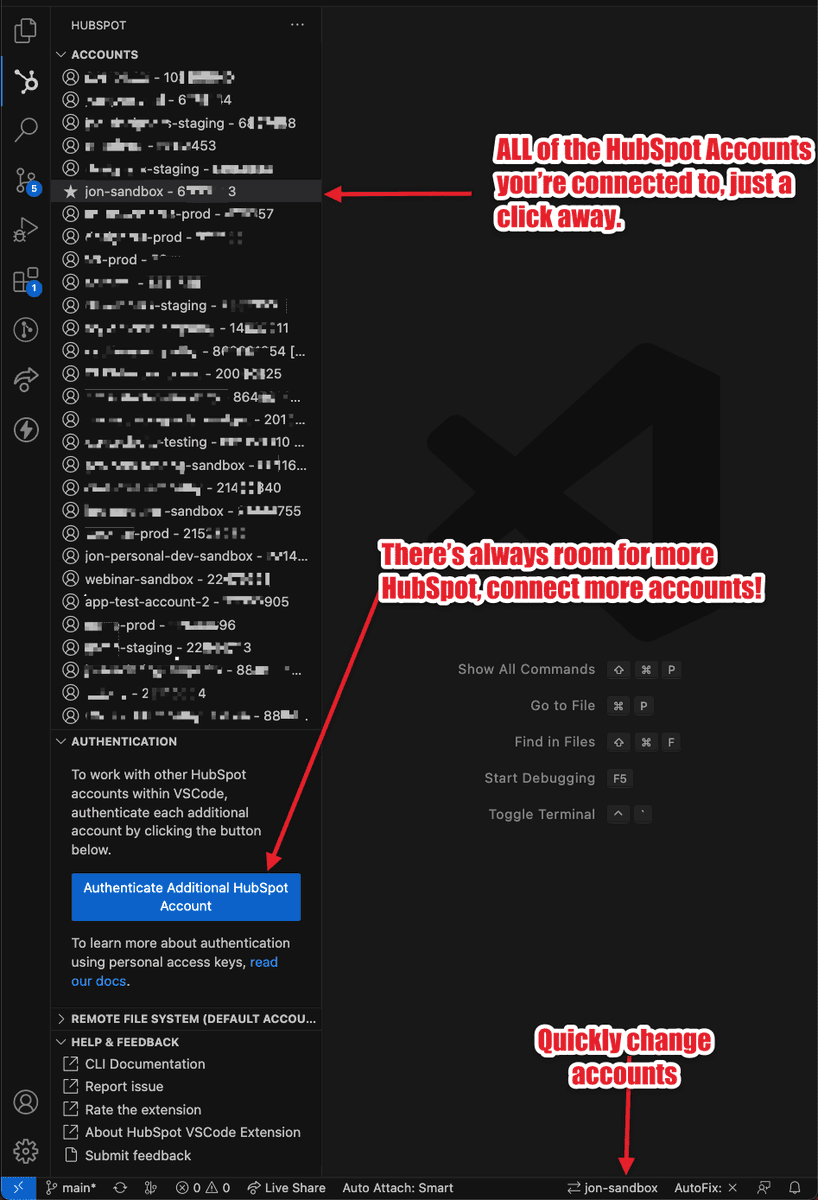 Are you a visual person? Prefer some UI instead of text?
If you haven't been developing locally, you probably didn't know that the HubSpot VS Code extension got some new tricks. 

Quickly and effortlessly change between which HubSpot account you're working in. #HubSpot #dev