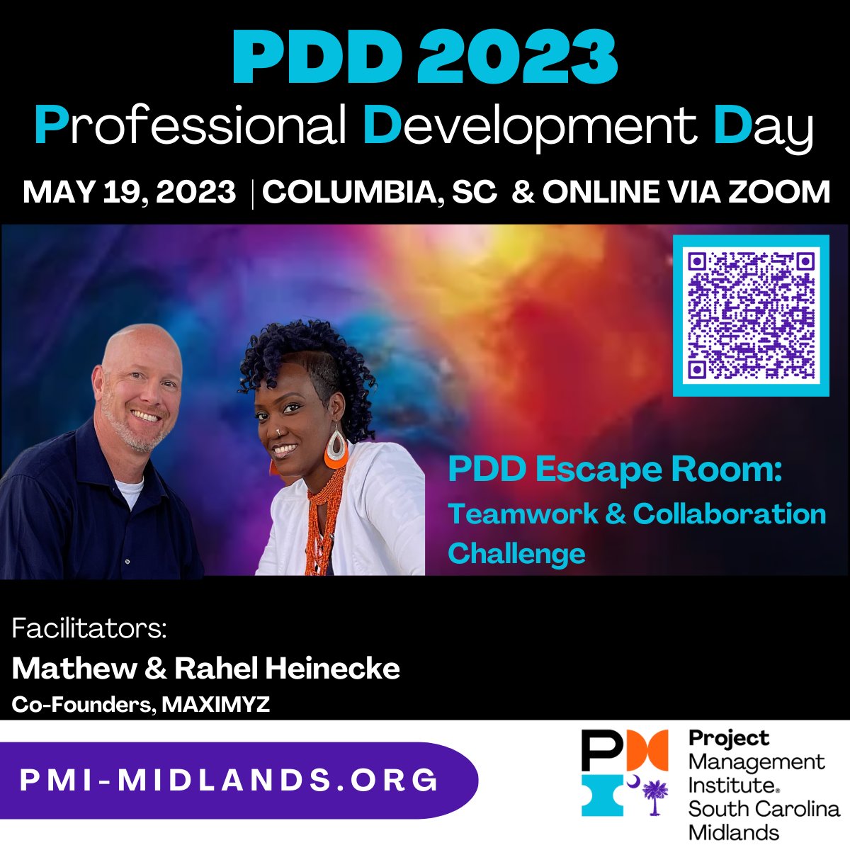 Our PDD 2023 is themed “Beyond the Project Plan” and will include an Escape Room facilitated by Mathew &amp; Rahel Heinecke, Co-Founders of MAXIMYZ.

Speakers + Sponsors + Learning + Networking = #PDD2023SC

REGISTER: bit.ly/PDD2023SC