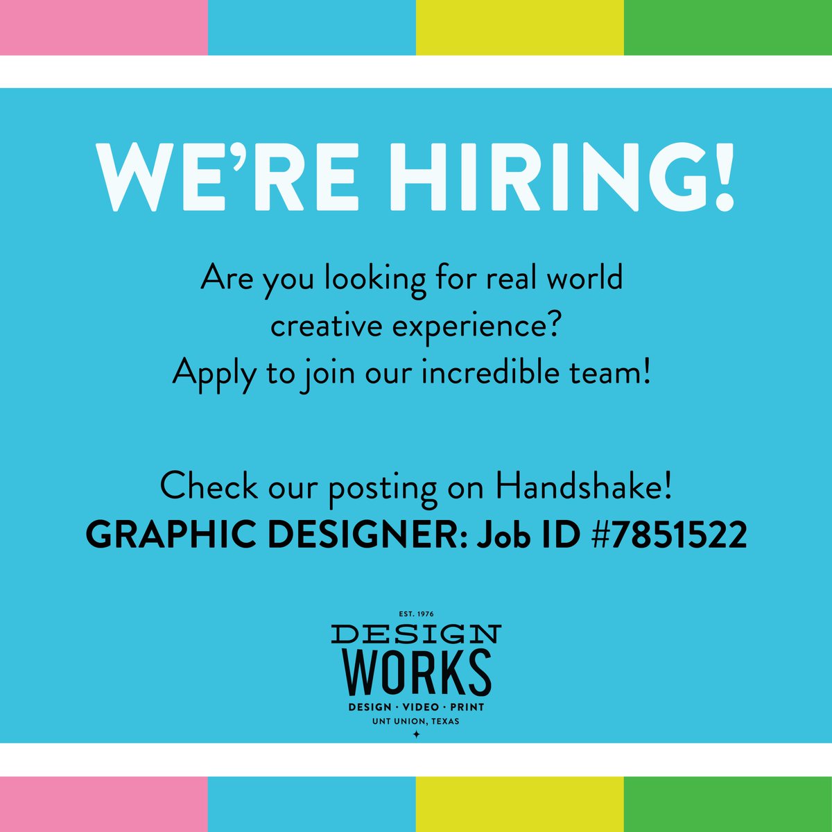 UNTUnion's tweet photo. Design Works currently hiring for our Graphic Designer positions! Apply today on Handshake!
#unt #unt23 #unt24 #unt25 #unt26 #unt27 #graphicdesigner #cvad #untunion #universityofnorthtexas #northtexas #designworks https://t.co/PI8K9YA3jz