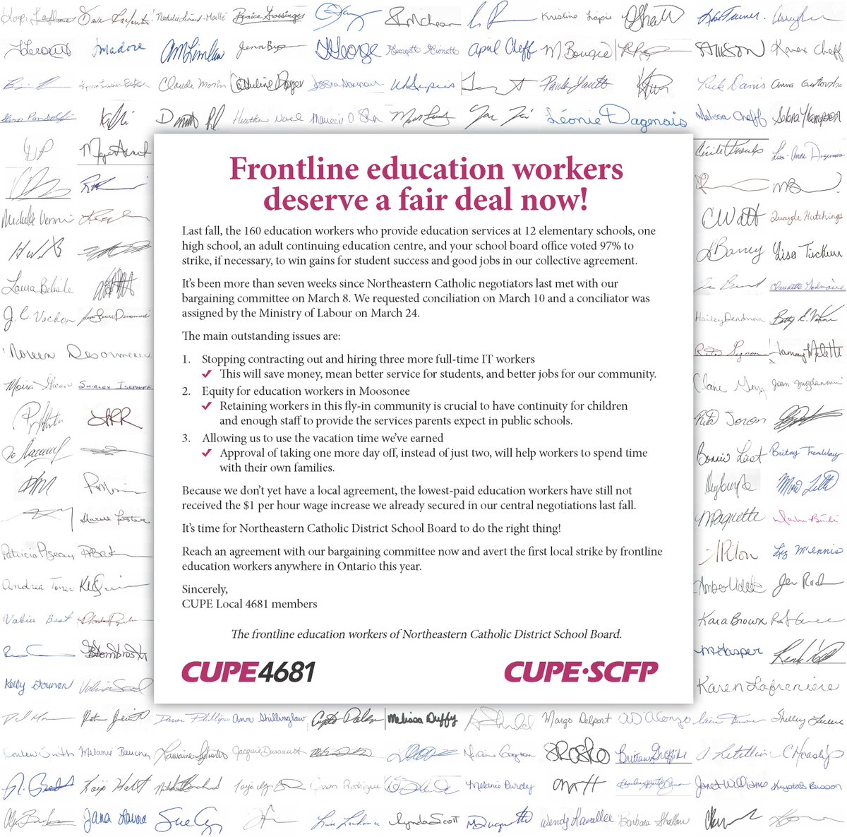 🧵: 95% of education workers at Northeastern Catholic District School Board have signed an open letter to their school board trustees that was published in issues of the Cochrane Times-Post, Iroquois Falls Enterprise, Kirkland Lake Northern News This Week, and Timmins Times.