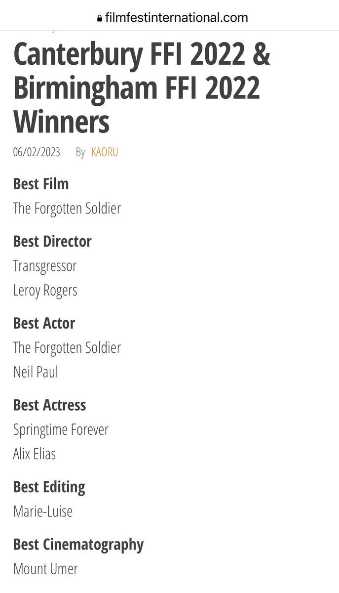 tfs_film's tweet image. We’re humbled to have picked up 2 award wins at The Canterbury &amp;amp; Birmingham Film Fest International. 

🏆 Best Film 
🏆 Best Actor - Neil Paul

Thank you @FilmFestInt
