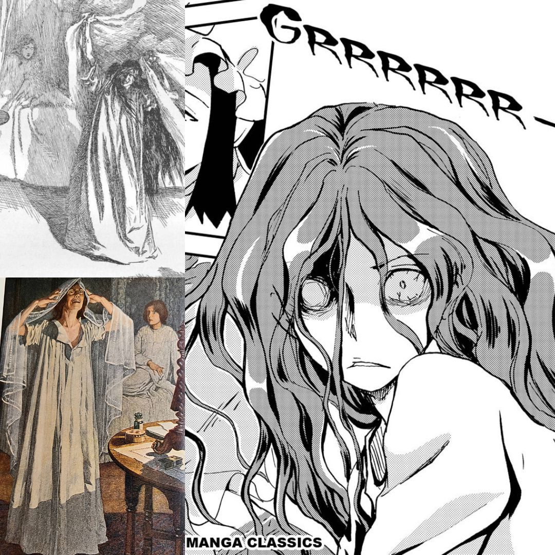 Bertha in the #JaneEyre #Manga is depictured very book accurately as almost animalistic. Often this is easier to do when illstrating her than when protraying her on screen. 

#charlottebronte #mangaclassics #janeeyremanga #mangareader #mangalovers #berthamason #MangaMay2023