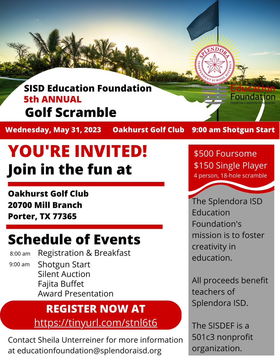 The SISD Education Foundation wants you to tee off your summer at the 5th annual Golf Scramble. Because of players and sponsors like you, the Foundation gave multiple grants. Click the link to register >> splendoraisdeducationfoundation.com/golf/