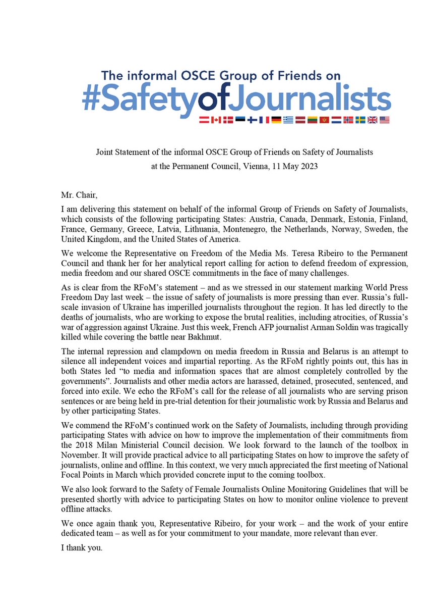 RP_France_OSCE's tweet photo. Joint statement of OSCE Group of Friends on #SafetyofJournalists

The clampdown on #mediafreedom in #Russia &amp; #Belarus is an attempt to silence all independent voices, leading to media &amp; information spaces that are "almost completely controlled" by the regimes. @OSCE_RFoM https://t.co/6gh4fTxmjC