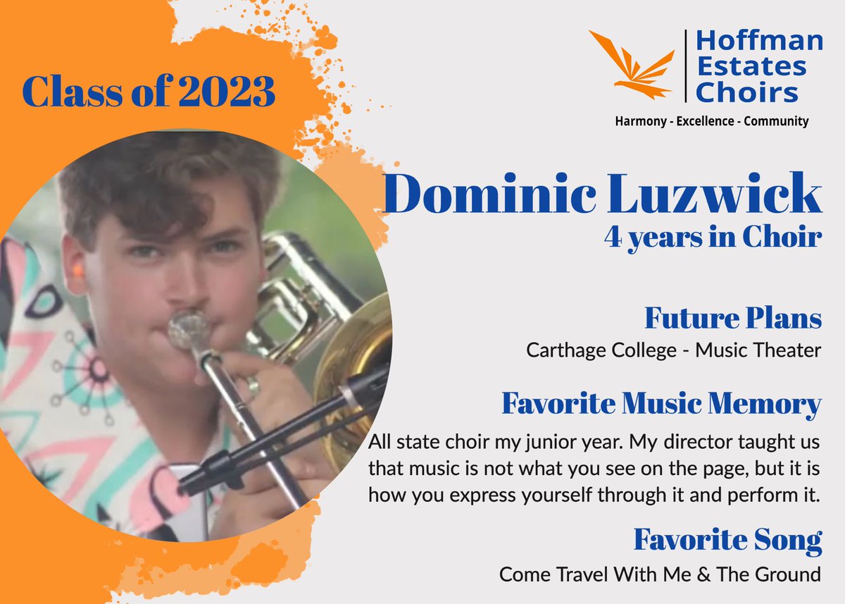 hehschoirs's tweet photo. 💙🧡Senior Spotlight🧡💙

Today we recognize Senior Dominic! 

Thank you for sharing 4 years with us and remember “Where words fail, music speaks.”.

#classof2023🎓 #hoffmanhs https://t.co/j8QQRFgrza