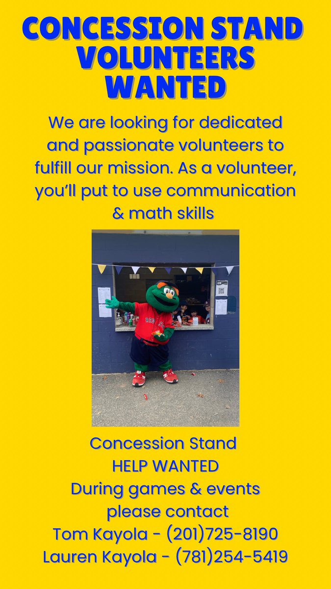 *VOLUNTEERS WANTED*

Concession Stand 
HELP WANTED
During games & events for Newhall Field & Glen Meadow
 please contact
Thomas Kayola (201)725-8190
Lauren Coppola Kayola
(781)254-5419
#LynnfieldLittleLeague
#LynnfieldBaseball 
#ThursdayMotivation #Volunteer #Community
