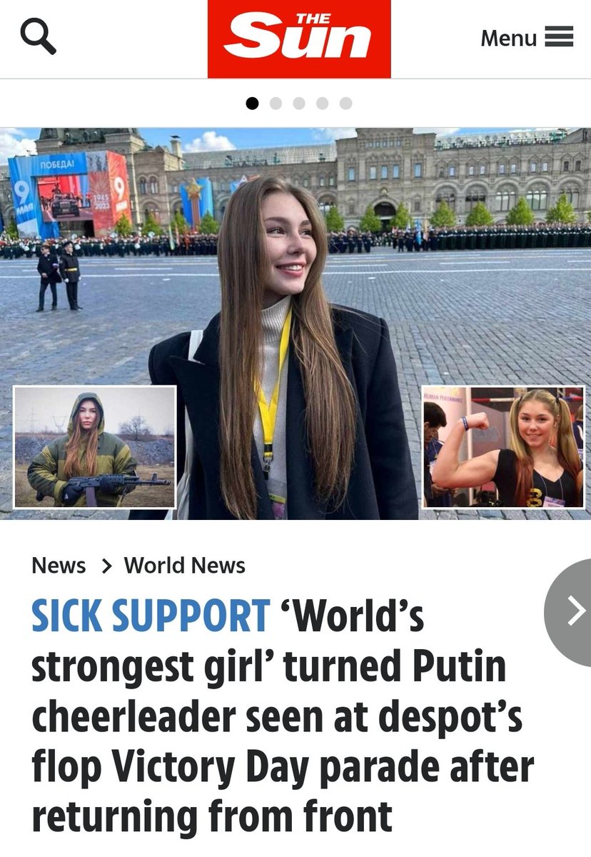 ЧЕРЛИДЕР ПУТИНА - "ПРАВДА ПОБЕЖДАЕТ ВСЕГДА"
"‘World’s strongest girl’ turned Putin cheerleader seen at despot’s flop Victory Day parade after returning from front."
"THE SUN":
"Самая сильная девочка в мире" ставшая черлидером Путина замечена на параде Победы