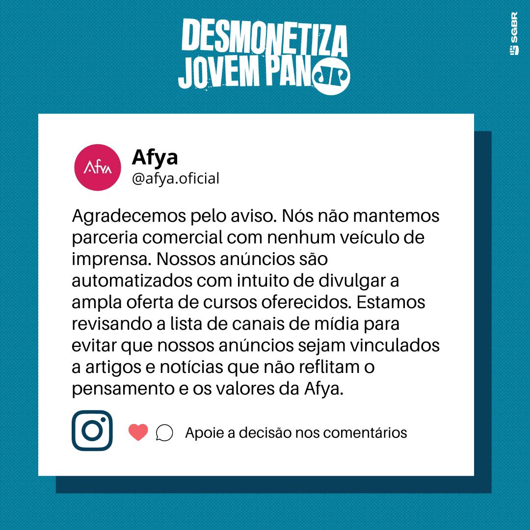 slpng_giants_pt's tweet photo. A @afyaeducacao É A 93ª EMPRESA QUE RETIRA SEUS ANÚNCIOS DA JOVEM PAN!

Bora comemorar com 100 comentários aqui com a #DesmonetizaJovemPan parabenizando a Afya pela decisão?! 🥳

Você também pode vir desmonetizar, @googlebrasil 👀👀👀 https://t.co/WyggfQ3d05