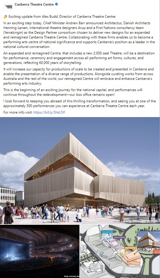 AusAmbDK's tweet photo. Congratulations to #Architectus, @HLArchitects, @Arup and #Yerrabingin on being chosen to deliver new designs for an expanded @canberratheatre that reflects diverse cultures and voices – a fantastic testimony of the strong collaboration between Australian and Danish firms 🇦🇺🤝🇩🇰 https://t.co/J2LnRDSVQA