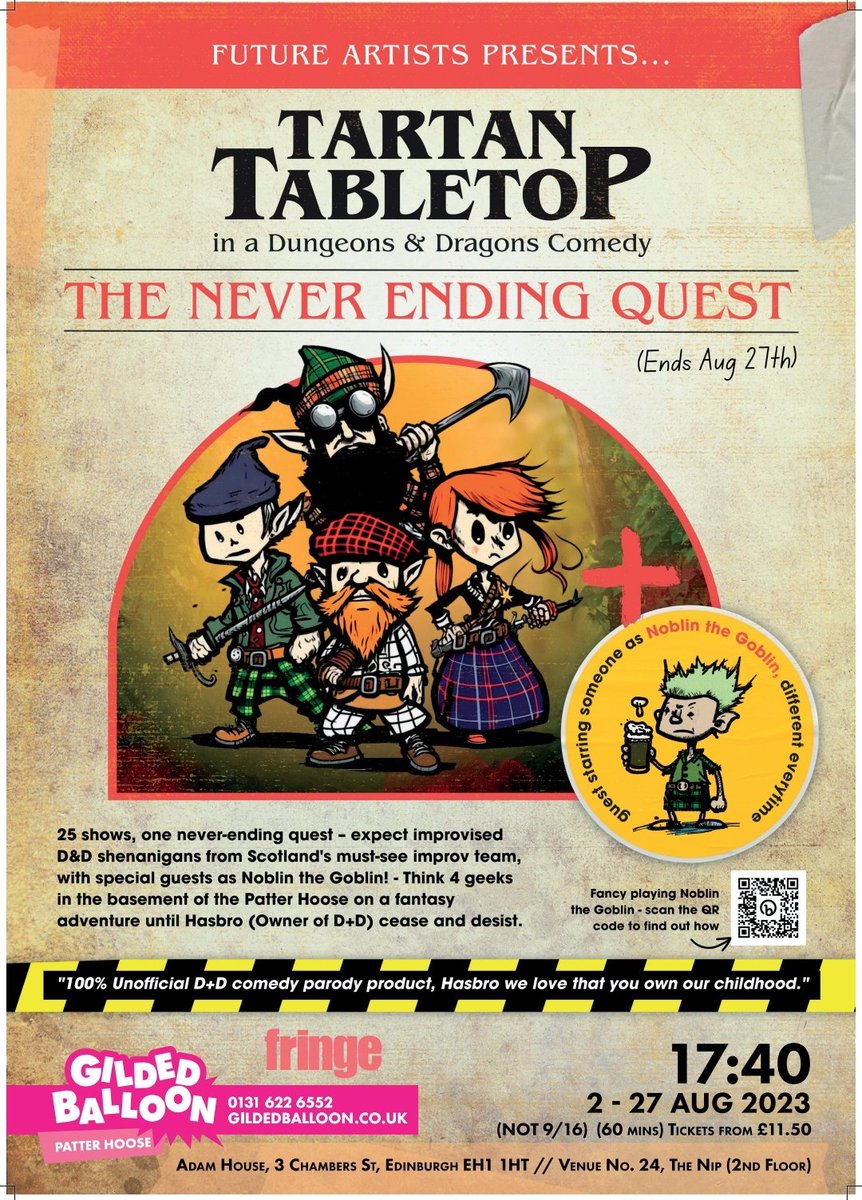 Delighted to announce our return to the Edinburgh fringe <a href="/Gildedballoon/">Gilded Balloon</a>
Come along for D&amp;D fun and special guest stars soon to be announced
tickets.gildedballoon.co.uk/event/14:4980/