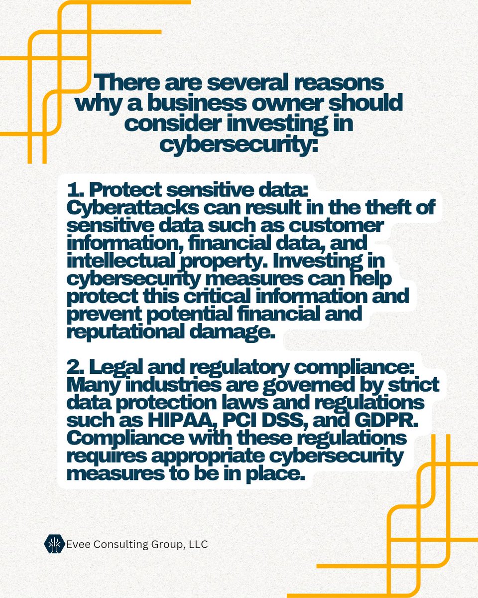 EveeSecurity's tweet photo. Why do we need to invest in cyber security as business owners?

#cybersecurity #datasecurity #cyberthreats #cybercrime #cyberattacks #dataprotection #securityawareness #businessecurity #cyberresilience #InvestInCyberSecurity https://t.co/1NEsSyooLf