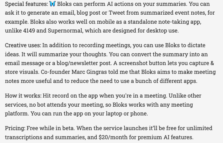 bloks_app's tweet photo. Read about #Bloks and the emerging world of AI note-takers in @jeremycaplan's #WonderTools newsletter: https://t.co/4tMI3DoYpJ https://t.co/WIf8NdiqS3