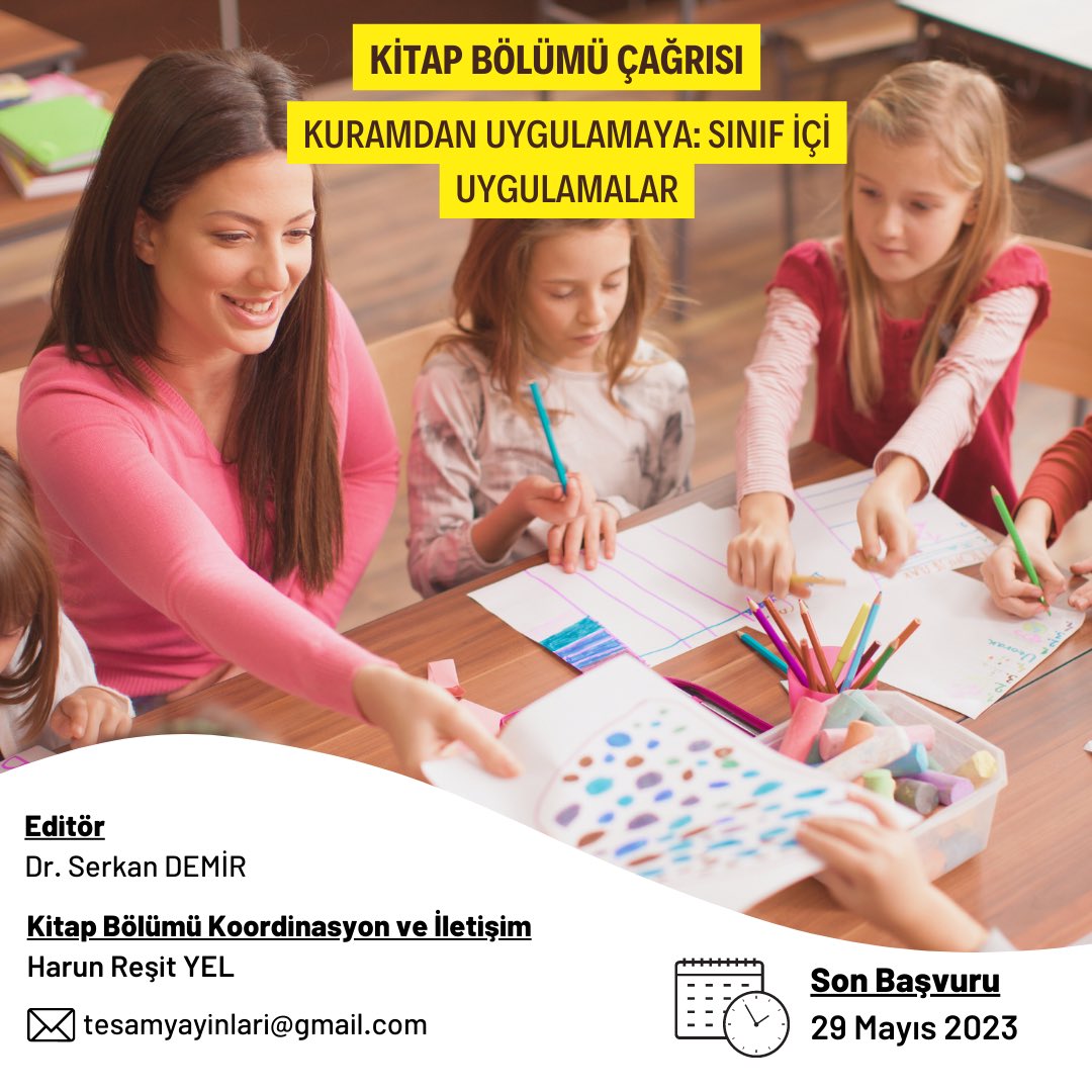TESAM (@tesamtr) on Twitter photo Değerli Araştırmacı ve Akademisyenler;
TESAM sizleri, “Kuramdan Uygulamaya: Sınıf İçi Uygulamalar” isimli kitap projesine yazar olarak davet etmektedir
Editör:
Dr. Serkan DEMİR
<a href="/dr_serkandemir/">Doç.Dr. Serkan Demir</a>
Özetler İçin Son Tarih : 29 Mayıs 2023 Değerli Araştırmacı ve Akademisyenler;
TESAM sizleri, “Kuramdan Uygulamaya: Sınıf İçi Uygulamalar” isimli kitap projesine yazar olarak davet etmektedir
Editör:
Dr. Serkan DEMİR
<a href="/dr_serkandemir/">Doç.Dr. Serkan Demir</a>
Özetler İçin Son Tarih : 29 Mayıs 2023