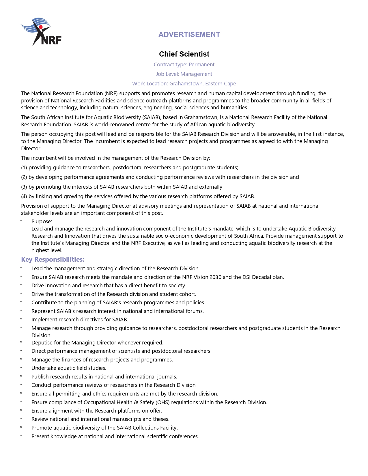 SAIAB on Twitter "NRFSAIAB is looking for a Chief Scientist to lead