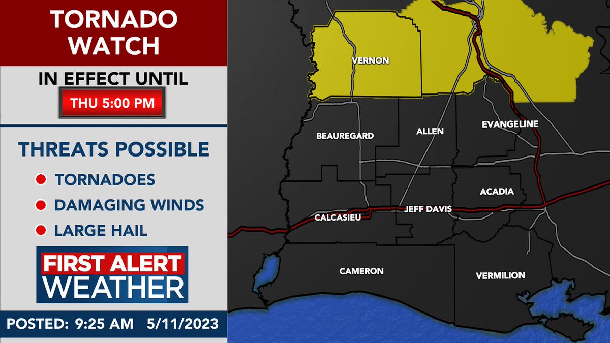 A Tornado Watch has been issued for the portions of SWLA until: May 11 5:00PM CDT.  Now is a good time to make sure you have our weather app downloaded: kplctv.com/apps