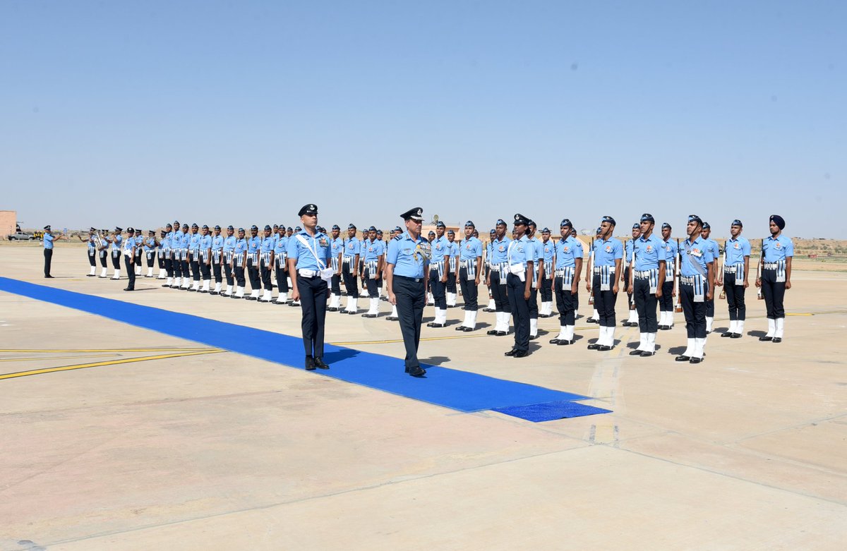 SWAC_IAF's tweet photo. Air Marshal Narmdeshwar Tiwari #AOCinC #SWAC visited Air Force Station Jaisalmer today. He was presented Guard of Honour on arrival. He addressed all personnel of the station and appreciated the task accomplishments in recent times. https://t.co/Yb8ffkVxRl