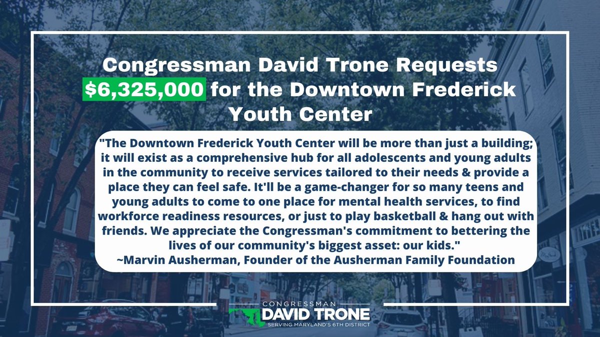 RepDavidTrone's tweet image. Proud to have requested $6.3 million in #CommunityProjectFunding to help build a new youth center in Frederick. Our kids deserve a safe place to learn, play, and socialize. By providing young folks with vital resources and services, we are setting them up for success.