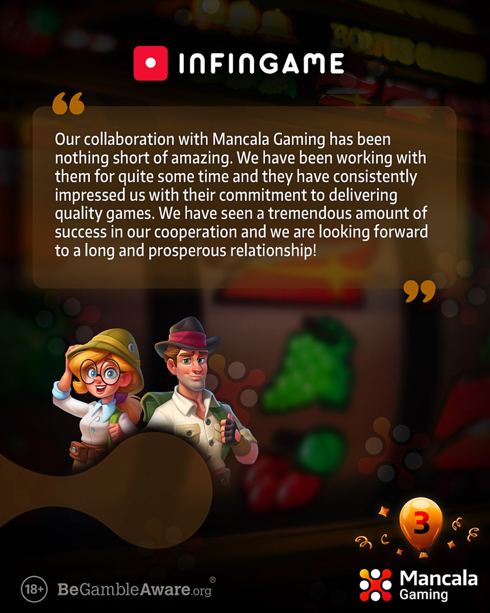 Thrilled to celebrate Mancala Gaming&#39;s 3rd Anniversary with this incredible testimonial from our valued partner, Infingame!
Looking forward to continued success and building lasting partnerships in the iGaming industry!

