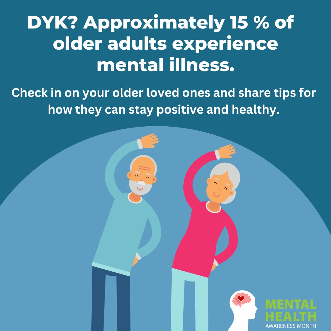 samhsagov's tweet photo. Nearly 15% of older adults in the United States experience mental illness. Check on your older loved ones and share ways to maintain a positive mental health. Get resources for you and those you love on https://t.co/b8YyNtIIqp. #MHAM2023 #OAMHAD #OlderAdults https://t.co/MIfTOwQgvj