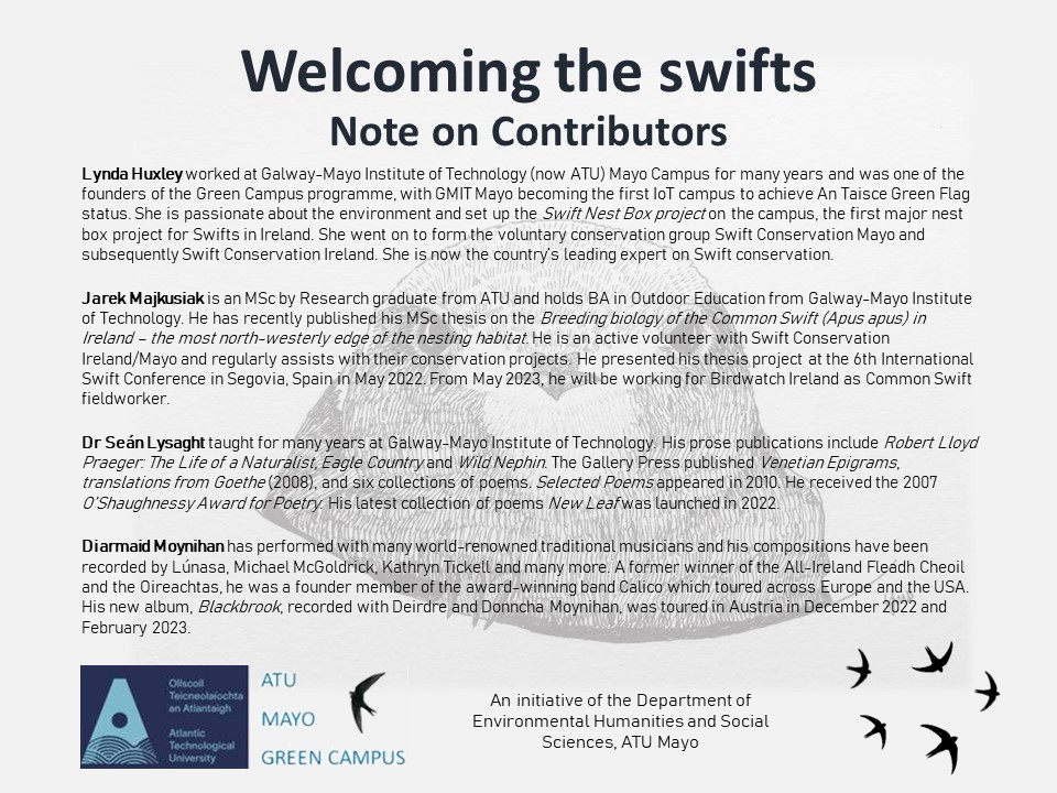 Join us next Tuesday 16th May as we welcome the swifts back to <a href="/atu_ie/">Atlantic Technological University</a> #Mayo. All welcome to join us for this event with poetry, music and short talks. <a href="/ATU_GalwayCity/">ATU Galway City</a> <a href="/OFlynnATU/">Orla Flynn</a> <a href="/justinkerr123/">Dr Justin Kerr</a> <a href="/swiftsweek/">Swift Awareness Week</a> <a href="/GreenCampusIE/">Green Campus Ireland</a>