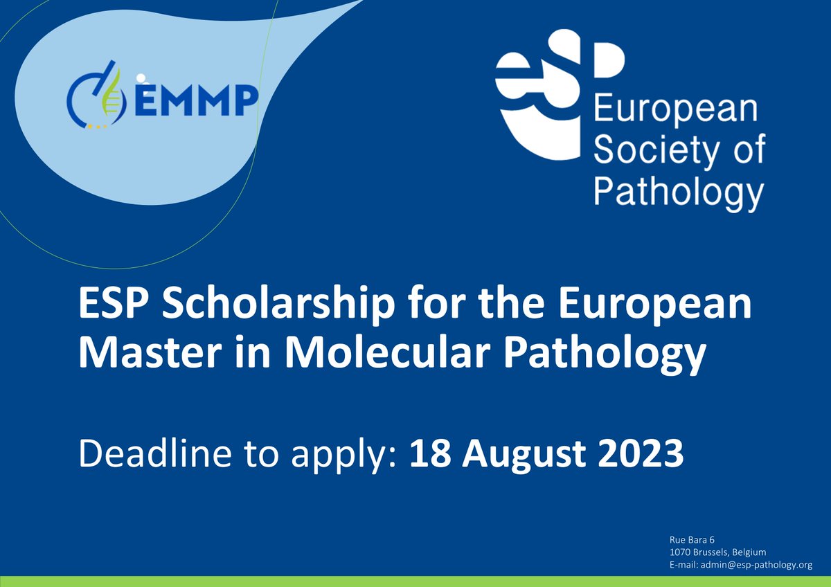 🚨
We are exhilarated to announce a new #pathology #education funding opportunity! 

🧬🔬
ESP is offering a limited number of Scholarships for the European Master for Molecular Pathology (EMMP) @EMMP_MSc 

ℹ️
For info about the Scholarship 👉esp-pathology.org/_Resources/Per…

#PathTwitter