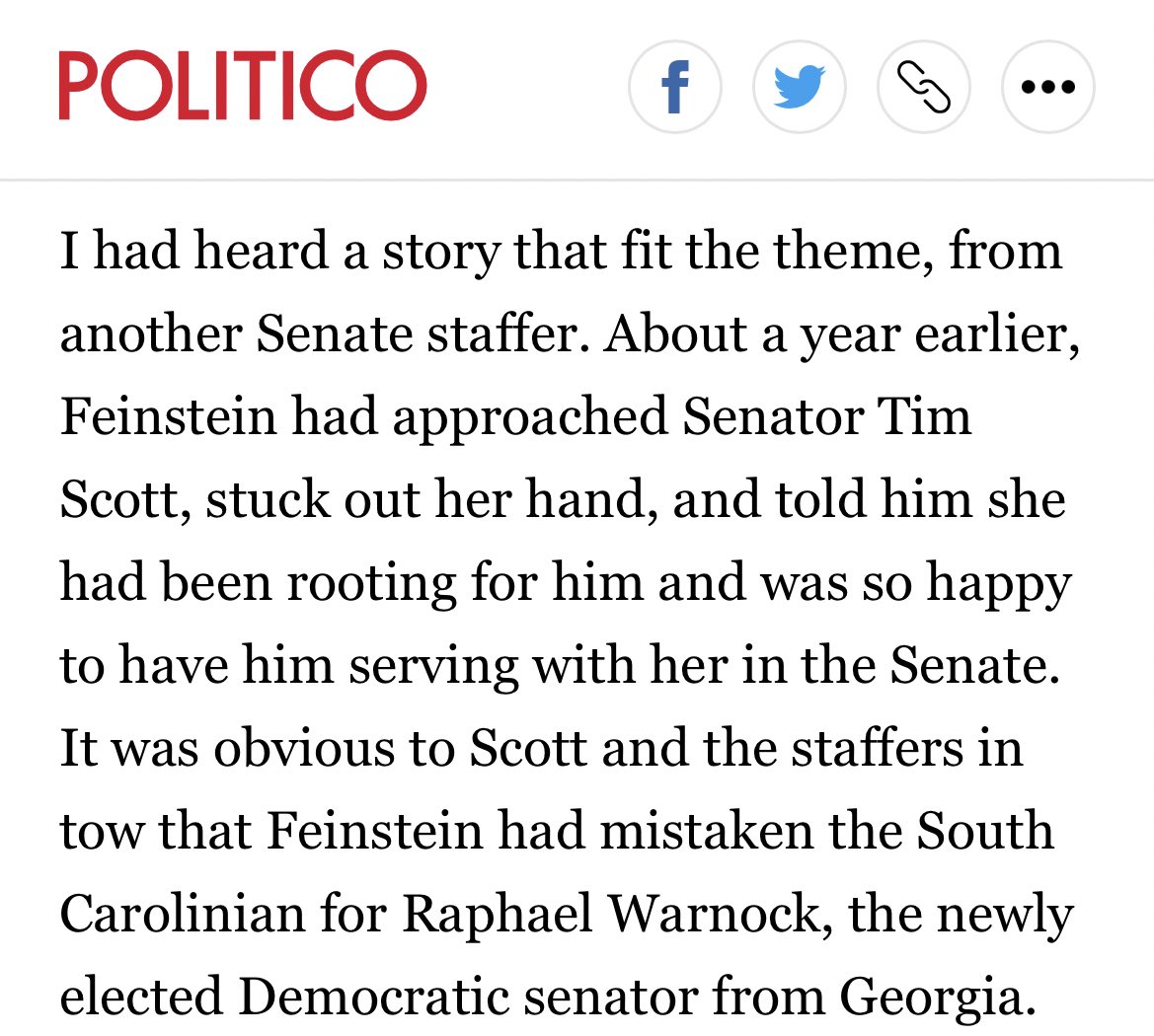 Dianne Feinstein mistook Tim Scott for Raphael Warnock

politico.com/news/magazine/…