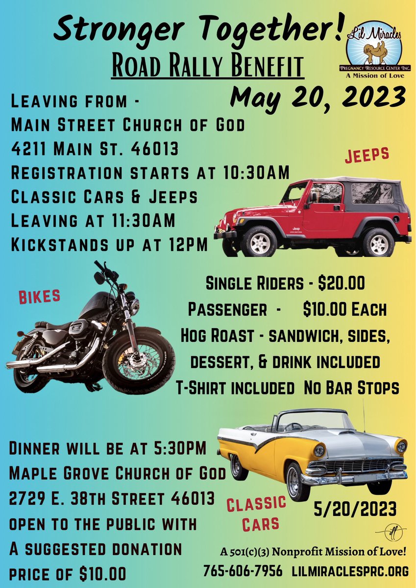 Join us for a great cause! Together We’re Stronger! 
#roadrally #classiccars #Jeeps #cycles #motorcycleride
 #fundraising