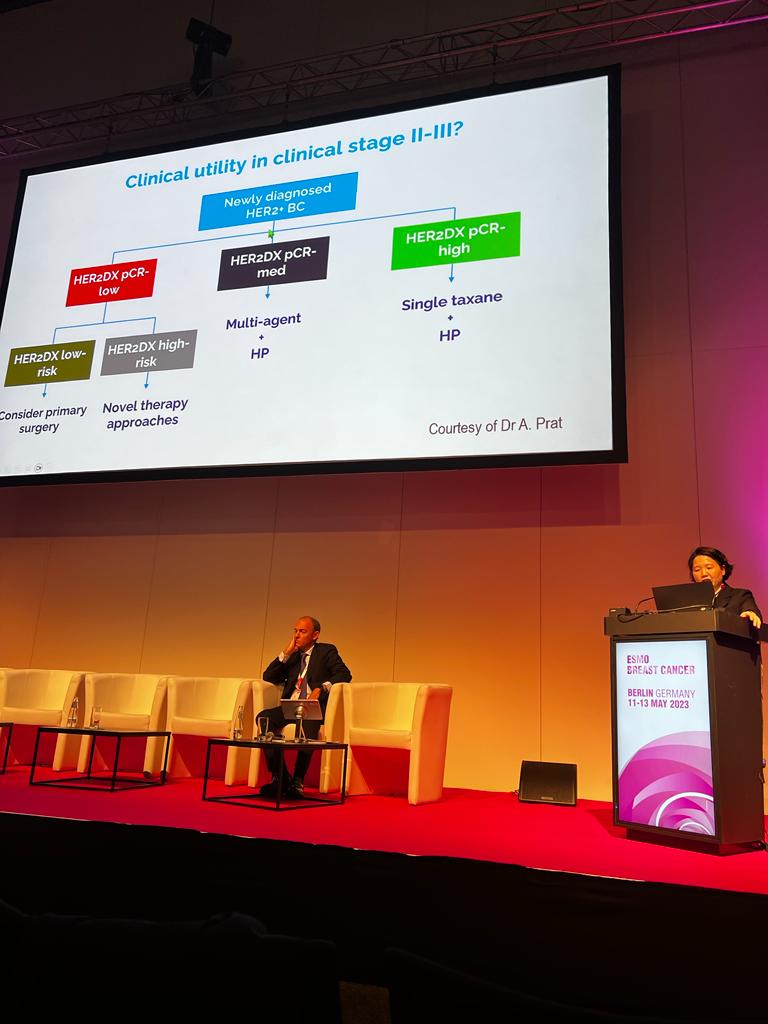 Jee Hyun Kim at #ESMOBreast23 on biomarker-driven strategies in HER2+ BC. Genomic biomarkers predict prognosis beyond clinical factors. Assays integrating both like #HER2DX can better guide tx. More evidence available at the poster display tomorrow at 12.15 <a href="/RevealGenomics/">REVEAL GENOMICS</a>