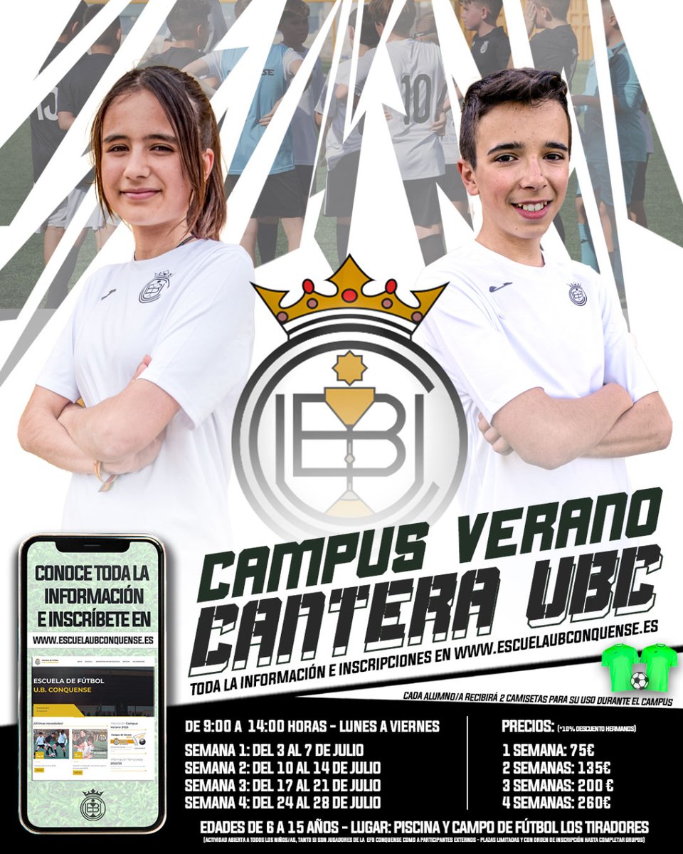 CanteraUBC's tweet photo. 📢 #CampusVerano❗ 

¡Ya tenemos aquí nuestro campus de verano #CanteraUBC! 

📅 Del 3 al 28 de julio en la piscina y campo de fútbol Los Tiradores 🏟️🏖️
👶🏻 Para niños y niñas de 6 a 15 años 👧🏻 
🗓️ Fecha límite de inscripción: 21 de junio https://t.co/mE3FNY5ctW