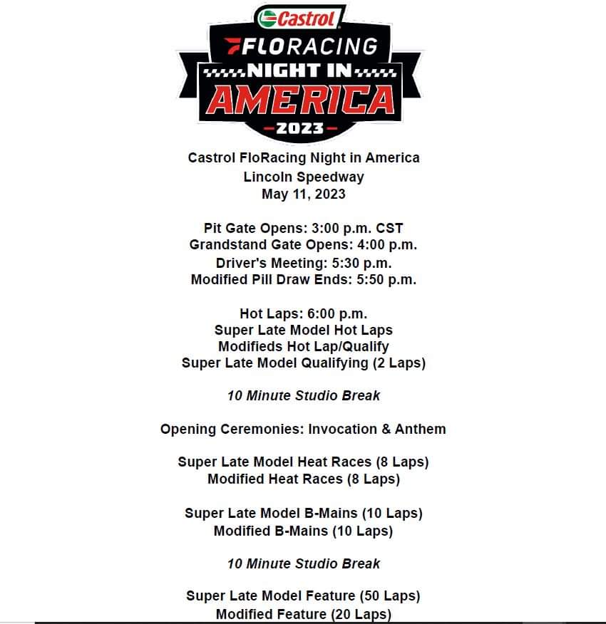 It is <a href="/Castrol/">Castrol</a> <a href="/FloRacing/">FloRacing</a> Night in America presented by Graue Chevrolet RACE DAY at <a href="/LincolnILSpdwy/">Lincoln Speedway</a>!  Full info in photos and at lincolnspeedwayil.com and facebook.com/LincolnILSpeed…