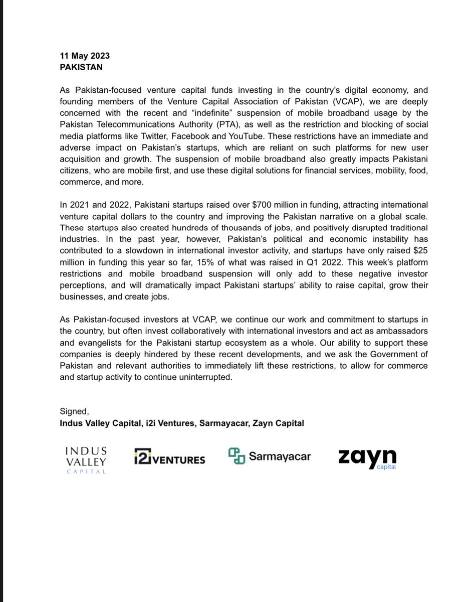 In light of the current &amp; developing situation in #Pakistan, which has resulted in the restriction of mobile broadband usage &amp; platforms like #Twitter, #Facebook &amp; #YouTube, we, along with our colleagues at <a href="/indusvalleycap/">Indus Valley Capital</a>, <a href="/Sarmayacar/">Sarmayacar</a> &amp; <a href="/i2i_ventures/">i2i Ventures</a> (some of the founding