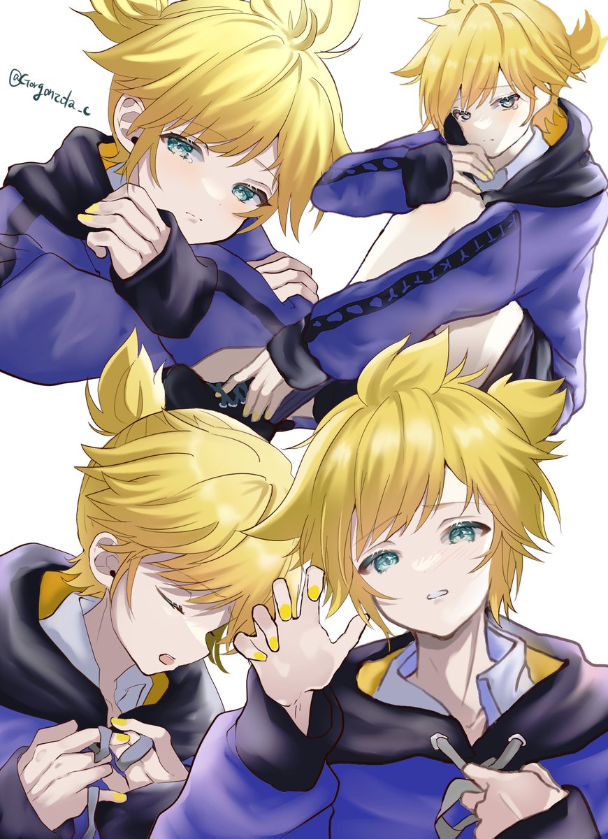 kagamine len blonde hair 1boy male focus hood hoodie looking at viewer closed eyes  illustration images