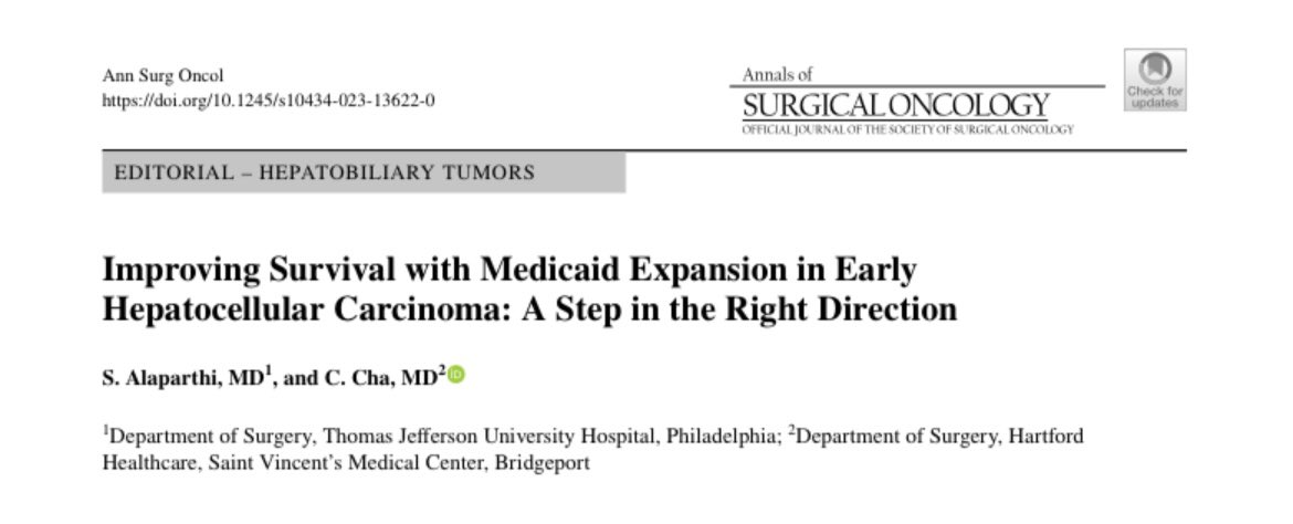 Excited to publish this work commenting on trends in surgical management of #HCC since #MedicaidExpansion. Thankful for the opportunity! @AnnSurgOncol @timpawlik @JEFFsurgery