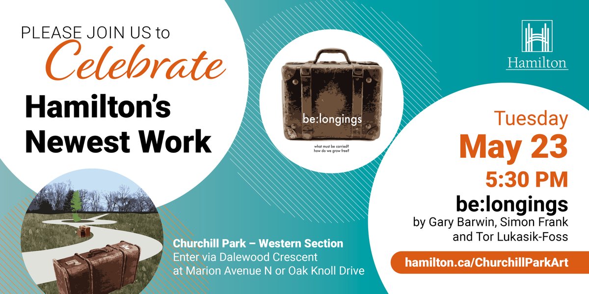 cityofhamilton's tweet photo. Join us May 23 at 5:30 pm to celebrate Hamilton’s latest public art installment at Churchill Park (west side) - be:longings by Gary Barwin, Simon Frank and Tor Lukasik-Foss. Celebration will feature remarks and performances. For more information visit https://t.co/LmScR6gUU2 https://t.co/Aikyaoyndi