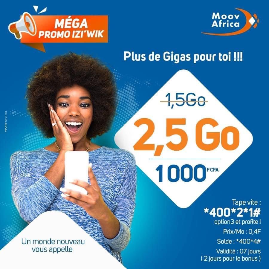 🥳 Encore plus de Gigas pour toi ! 🥳
Dernier jour pour bénéficier de 2,5Go au lieu de 1,5Go à 1000F. 
Fais *400*2*1# option 3 pour souscrire à la promo iZi'Wik et profite. 

Validité Bonus (1Go): 2 jours. Validité forfait (1,5Go): 7jours.

#IciCestIzi Data #Giga Moov Africa Togo