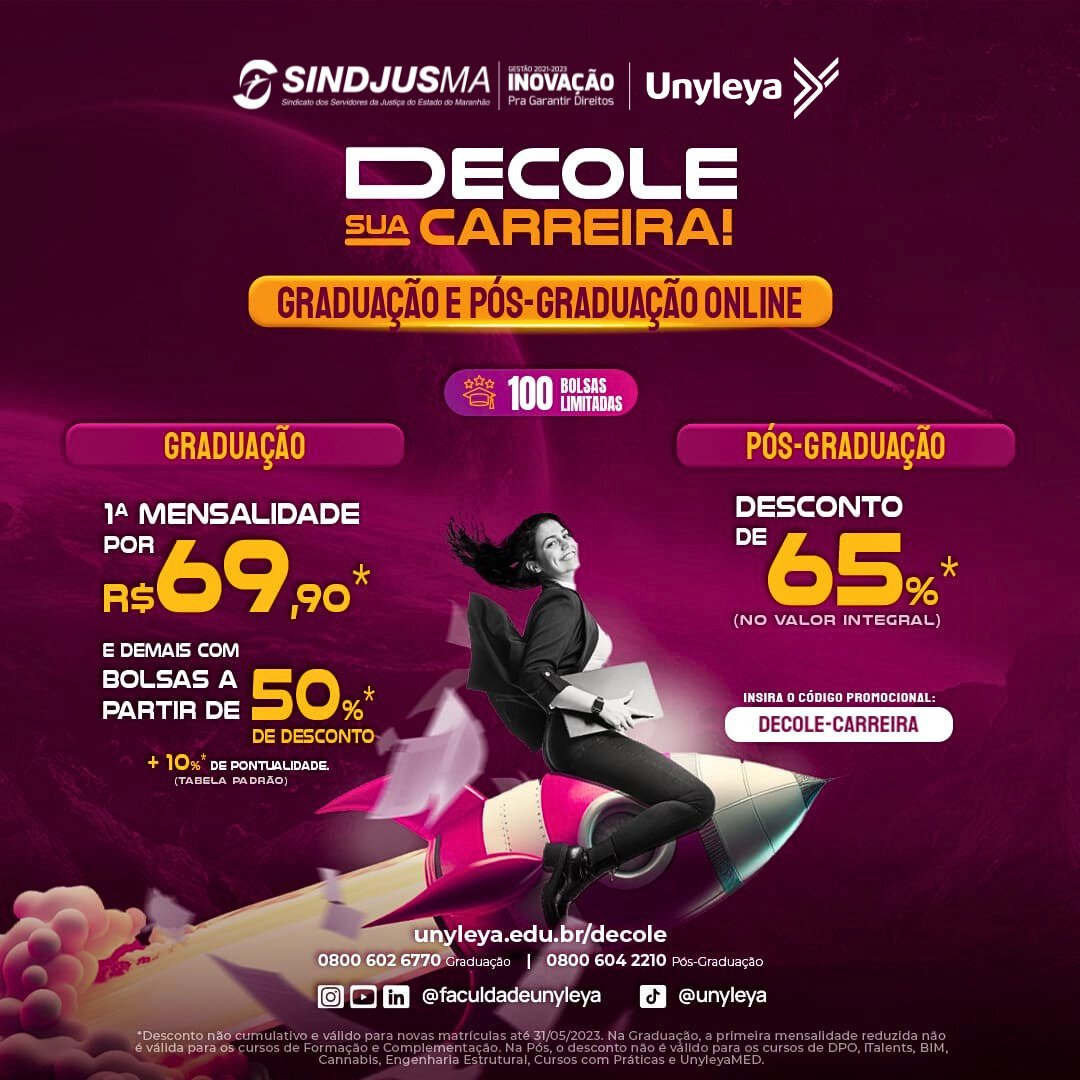 sindjusma's tweet photo. Faculdade Unyleya oferece cursos de pós-graduação com 65% de desconto para filiados e filiadas do Sindjus-MA

LINK NA BIO #portalsindjus #sindjusma #siganossaluta #sousindjus #filieseaosindjus #sindjusma29anos https://t.co/WJUNckygks
