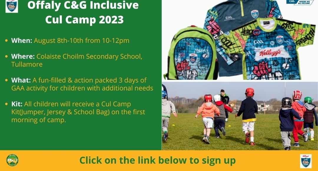 Don't forget to sign up for Offaly GAA's Inclusive Cúl Camp for children with additional needs.

All attendees will receive a Cúl Camp kit &amp; bag on the first morning of camp.

For more info and to sign up, click on the link below.

forms.office.com/e/sJj9fZ2wFZ

#KelloggsGAACulCamps