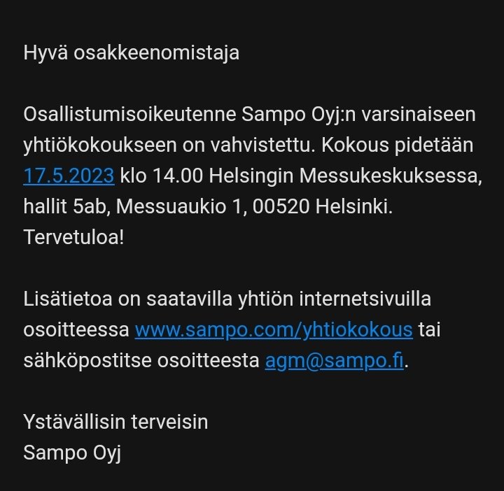 JariValtanen's tweet image. Matkalla Suomen Omahaan ✌️😎

#sijoittaminen #SampoPlc  #yhtiökokous