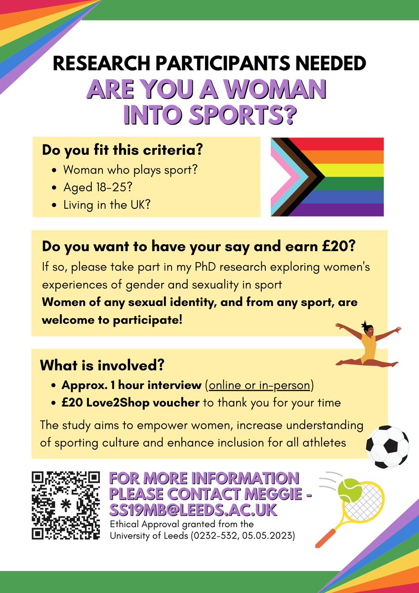 📢Call for participants to take part in PhD research exploring gender and sexuality in UK women's sport🏳️‍🌈
If you are interested in participating or would like to know more info, please get in touch #PhD #LGBT #LGBTSport #LGBTQSport #LGBTLeeds #QueerLeeds #ThisGirlCan