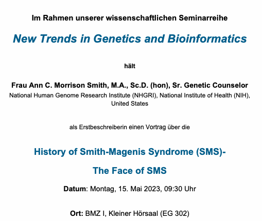 h_lesmann's tweet photo. We are delighted to have Ann Smith visit us on Monday to share her story of discovering Smith-Magenis Syndrome. If you are interested, you can also join online: https://t.co/fA31TLhCAu
Zoom-Meeting-ID:     611 7644 9093
Kenncode:       250906 https://t.co/FK3Cw6wEBm