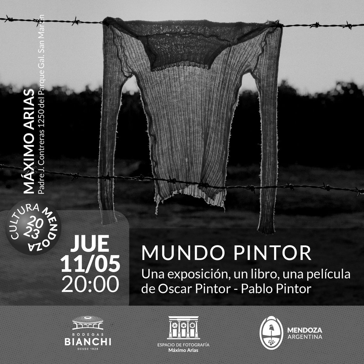 Hoy Jueves 11 de mayo - 20 hs
Inauguración  "MUNDO PINTOR" de Oscar y Pablo Pintor.
- 41 Fotografías de Oscar y Pablo
- Presentación del Rodaje de Pablo
- FotoLibro

Libre y gratuito.

Paseo Padre Jorge Contreras 1250, Parque Gral San Martin

<a href="/Cultura_Mza/">Cultura Mendoza</a>