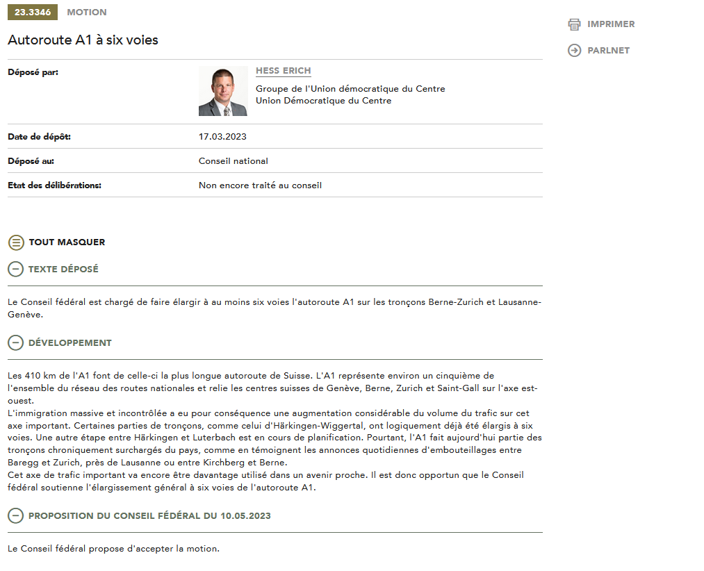 Les dégâts d'avoir Albert Rösti à la tête du DETEC se font à nouveau sentir: le Conseil fédéral propose d'accepter une motion pour élargir l'autoroute Lausanne-Genève à "au-moins 6 voies", tout en réduisant de CHF 450 mio le Fonds d'infrastructure ferroviaire.

Un véritable enfer