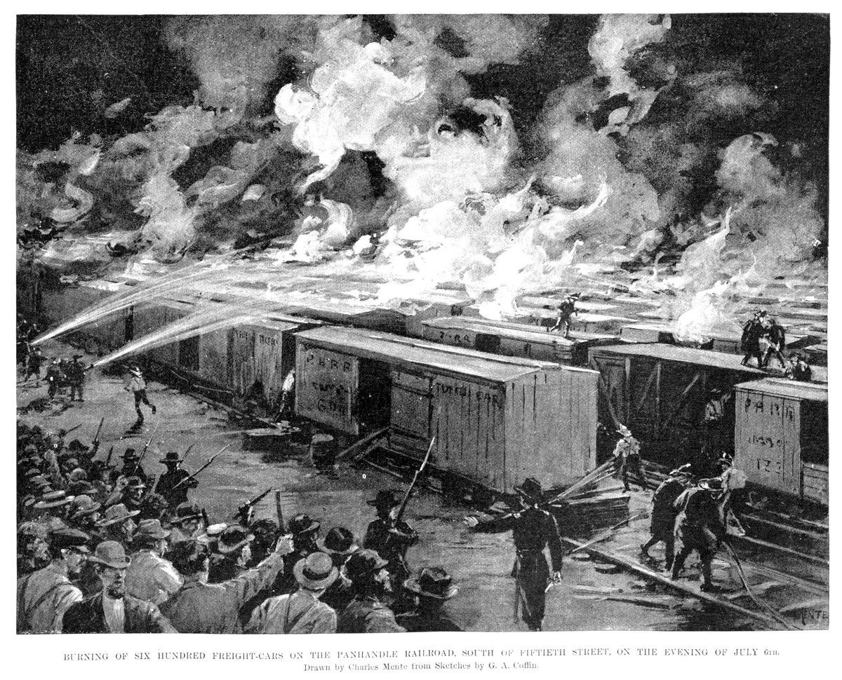 LiamOMaraIV's tweet photo. On #ThisDayInHistory in 1894 the #PullmanStrike began. Led by #EugeneDebs, strikers faced violent opposition from federal troops and mercenary thugs, growing angry enough to burn shit down. Government always stands with #capital over #labour -- without a #union we have no voice. https://t.co/NRGPfVHg1q