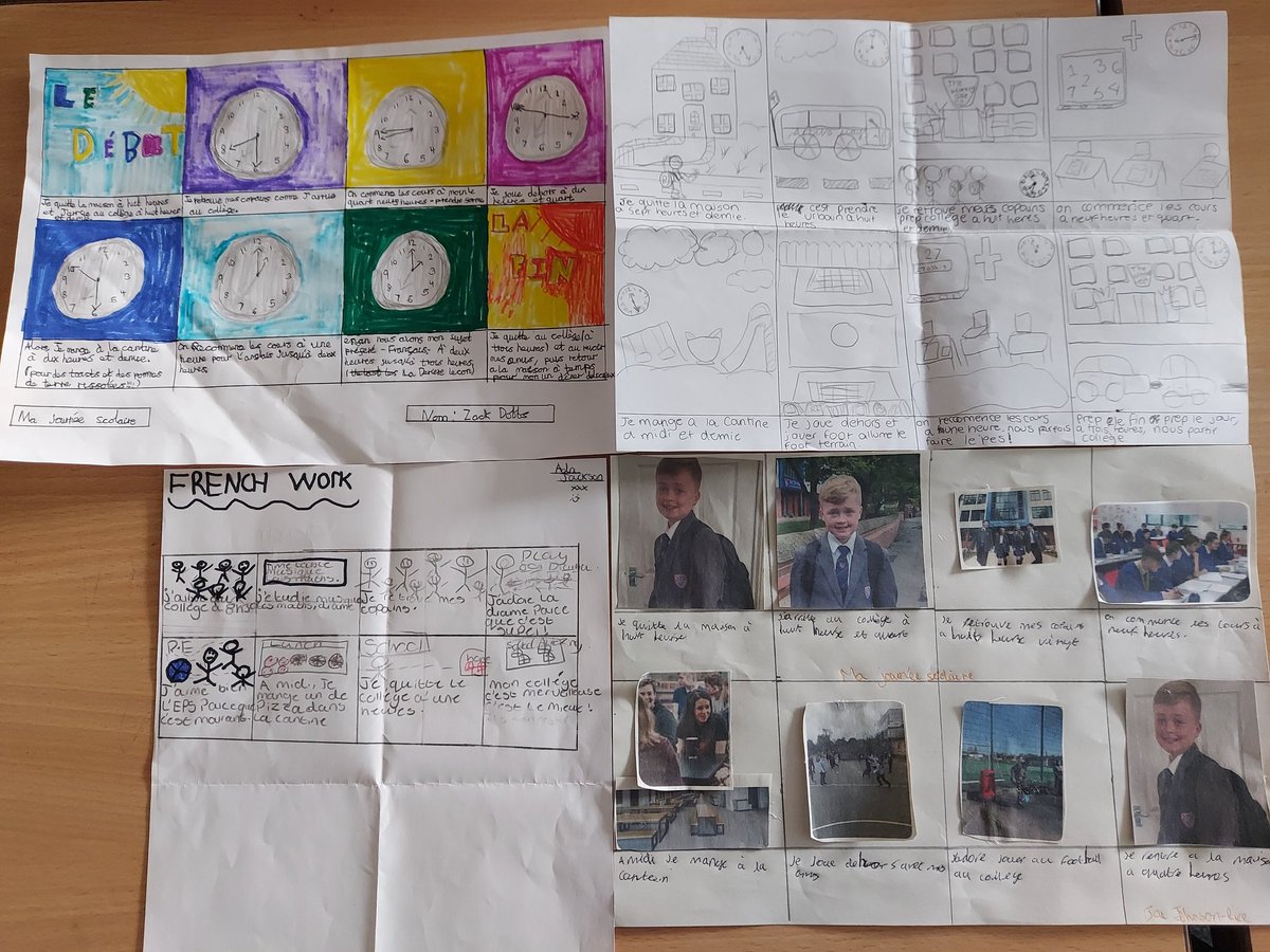DeaneryLanguage's tweet image. Year 7 French have been creating storyboards about their daily routine on a school day. Well done to these pupils in 7B Blue and 7B Yellow for their super accurate French and creative ideas 🇫🇷 @deaneryhigh