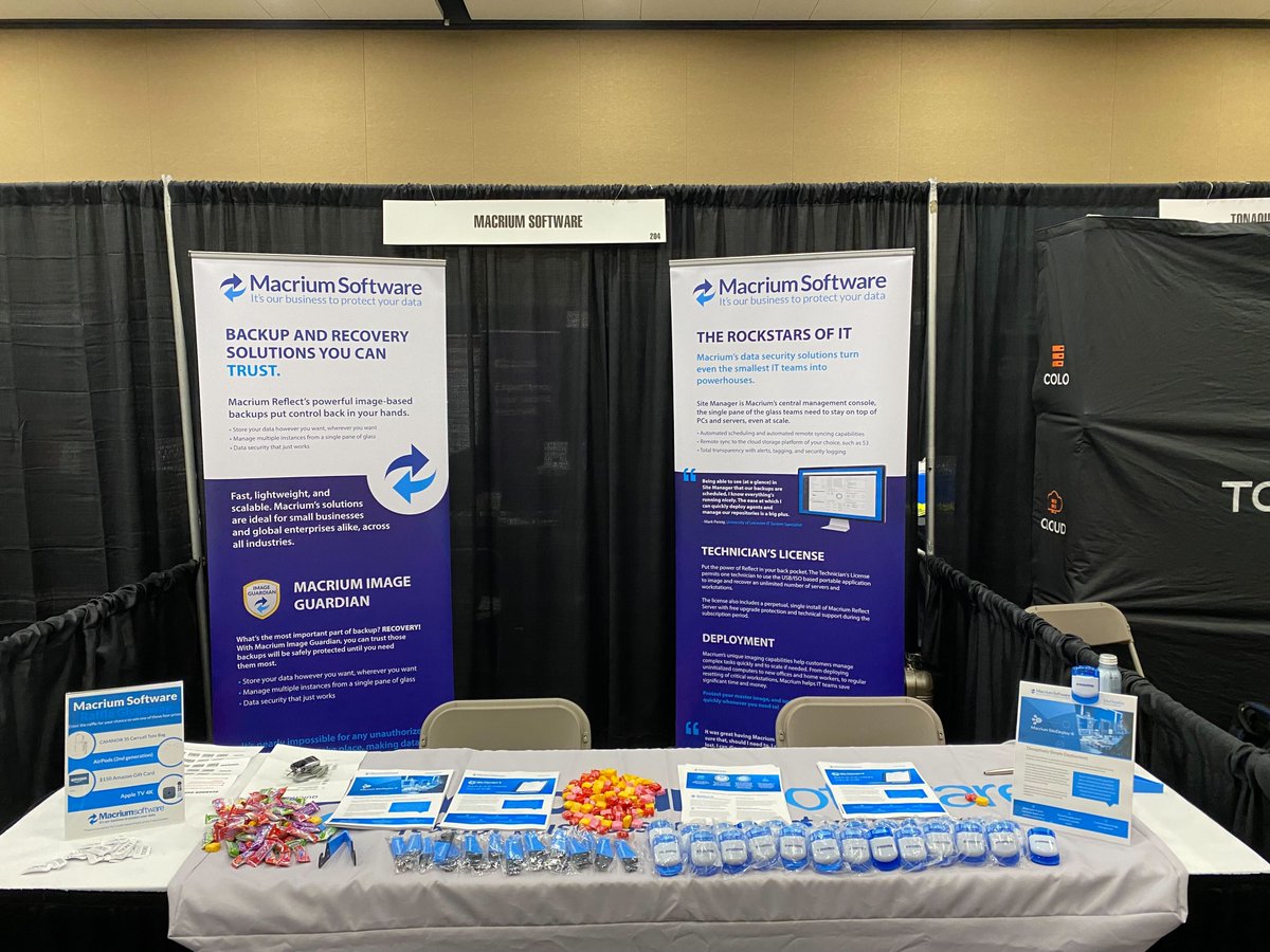 macrium's tweet photo. We're all set up and ready to go! If you're at the INTERFACE conference in Salt Lake City today, Macrium, our distributor @Rain_Networks and reseller @MicroAge are waiting to solve your #ITChallenges at booth 204. Enjoy the conference - see you there! #F2FEvents #InterfaceTour https://t.co/fDjmZtldgH