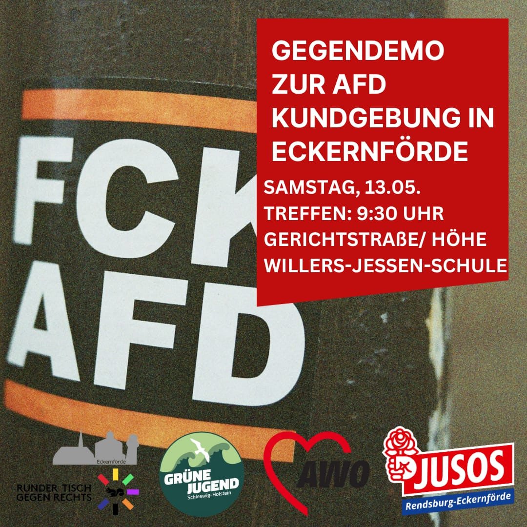 +++ Kein Fußbreit dem Faschismus -  Samstag, 09:30 Uhr, Eckernförde! +++

Wir rufen zur Gegendemo auf, um ein gemeinsames Zeichen gegen Rechts zu setzen und den Nazis von der AfD zu zeigen, dass es eine starke Zivilgesellschaft gibt, die sich nicht von ihr verarschen lässt! ✊